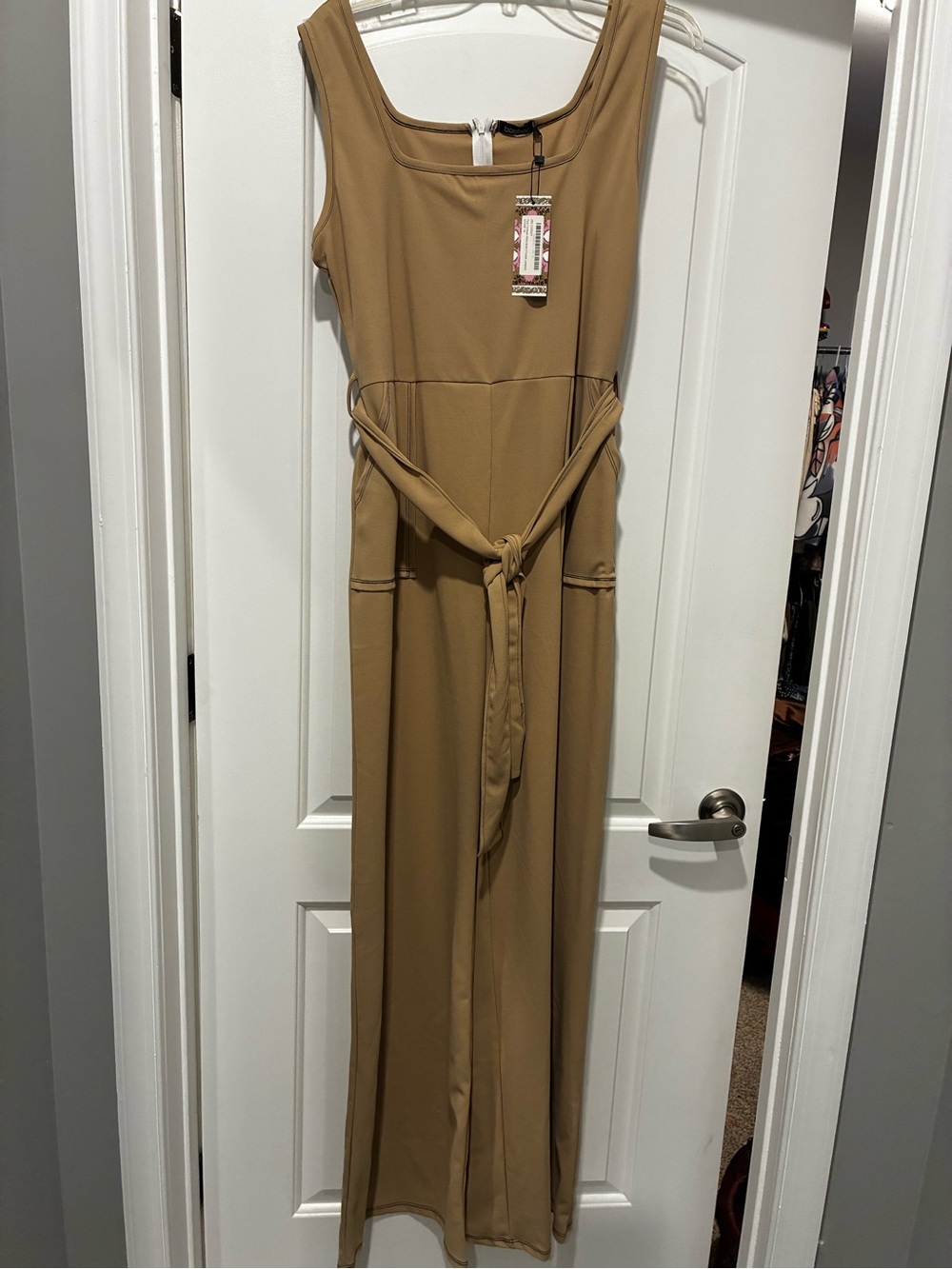 Sleeveless Belted Jumpsuit in Camel